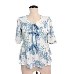 Monteau Los Angeles Floral Tie Front Peplum Blouse Blue‎ Cream Small